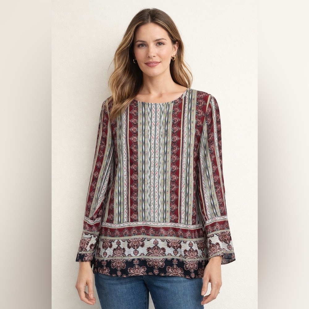 J. JILL Mixed Print Boho Long Sleeve Tunic Blouse Size XL